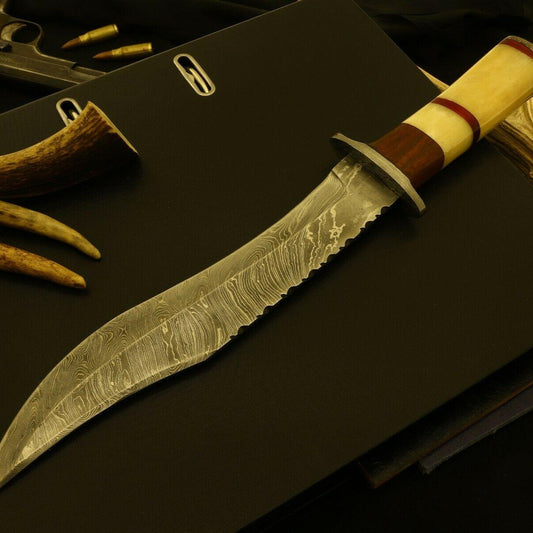 Large Damascus Steel Bowie Knife – 15 Inch Hunting Blade with Bone, Rosewood & Pakka Wood Handle