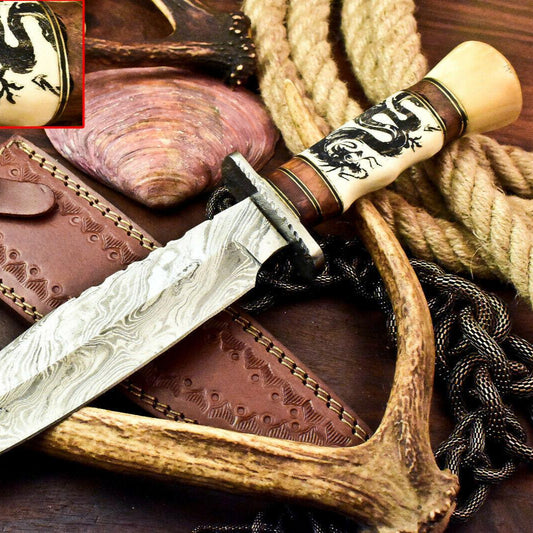 Laser Etched Damascus Bowie Knife – 13.5 Inch Handmade Hunting Blade with Stained Camel Bone Handle