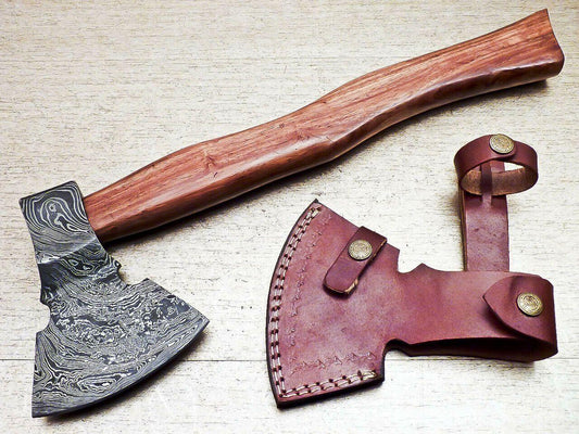 Limited Edition Handmade Damascus Steel Axe with Natural Wood Handle – Custom Forged Unique Damascus Axe with Leather Sheath