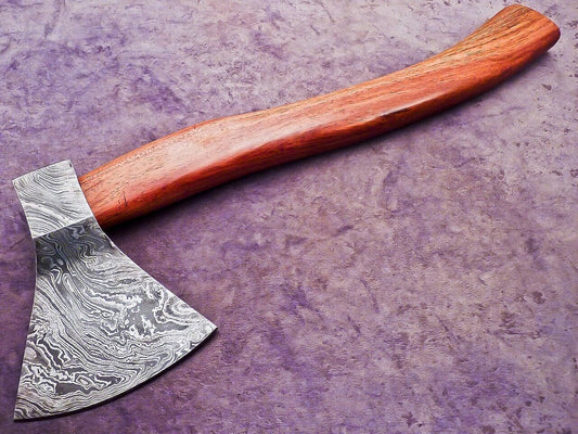 Limited Edition Handmade Damascus Steel Axe with Natural Wood Handle and Leather Sheath