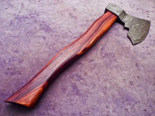 Limited Edition Handmade Damascus Steel Battle Axe with Natural Wood Handle and Leather Sheath