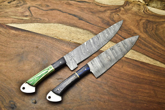 Lot Of 2 Handmade Damascus Blade Full Tang Chef Set Knife