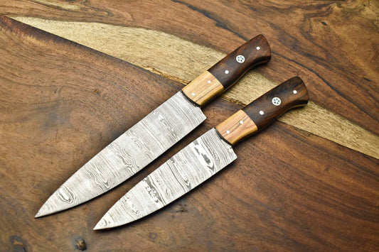 Lot Of 2 Handmade Damascus Steel Blade Chef Set Knife
