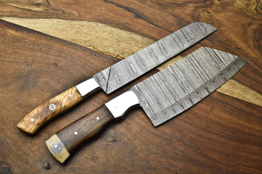 Lot Of 2 Handmade Damascus Steel Blade Chef Set Knife, Full Tang