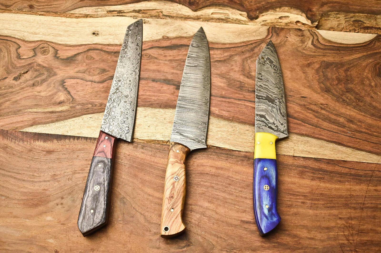 Lot Of 3 Handmade Damascus Blade Full Tang Chef Set Knives