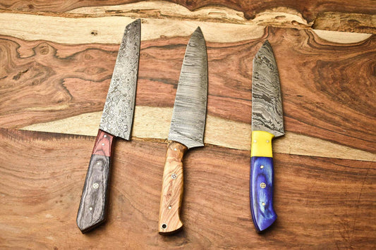 Lot Of 3 Handmade Damascus Blade Full Tang Chef Set Knives