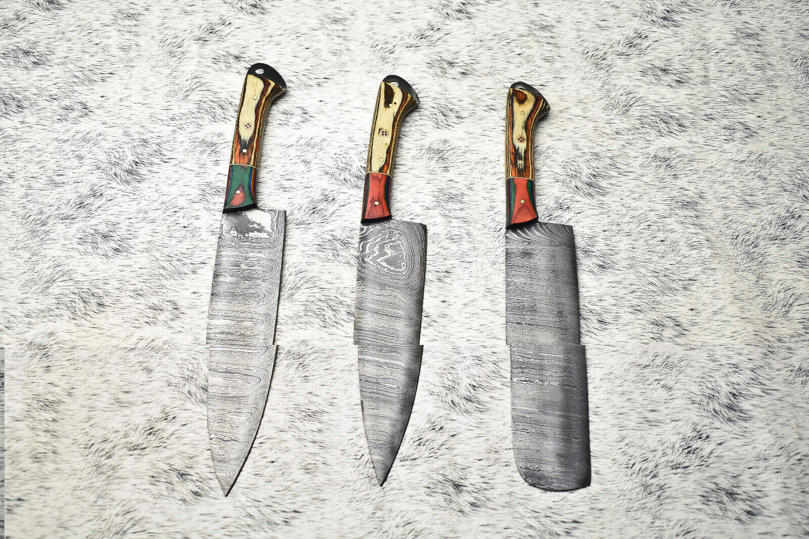 Lot Of 3 Handmade Damascus Hammered Full Tang Chef Set Knives with Hard Wood Handles, Perfect for Professional and Home Kitchens