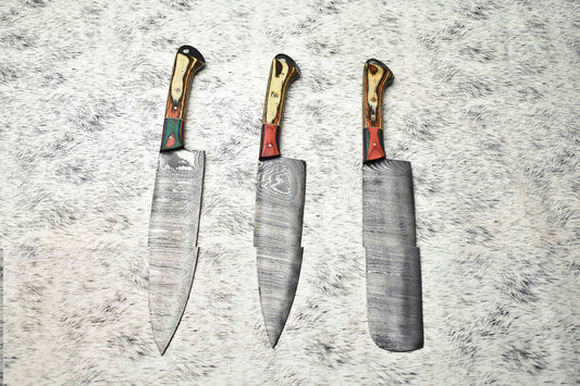 Lot Of 3 Handmade Damascus Hammered Full Tang Chef Set Knives with Hard Wood Handles, Perfect for Professional and Home Kitchens