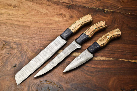 Lot Of 3 Handmade Damascus Steel Blade Chef Set Knife – Hammered Damascus, Sharp & Durable

