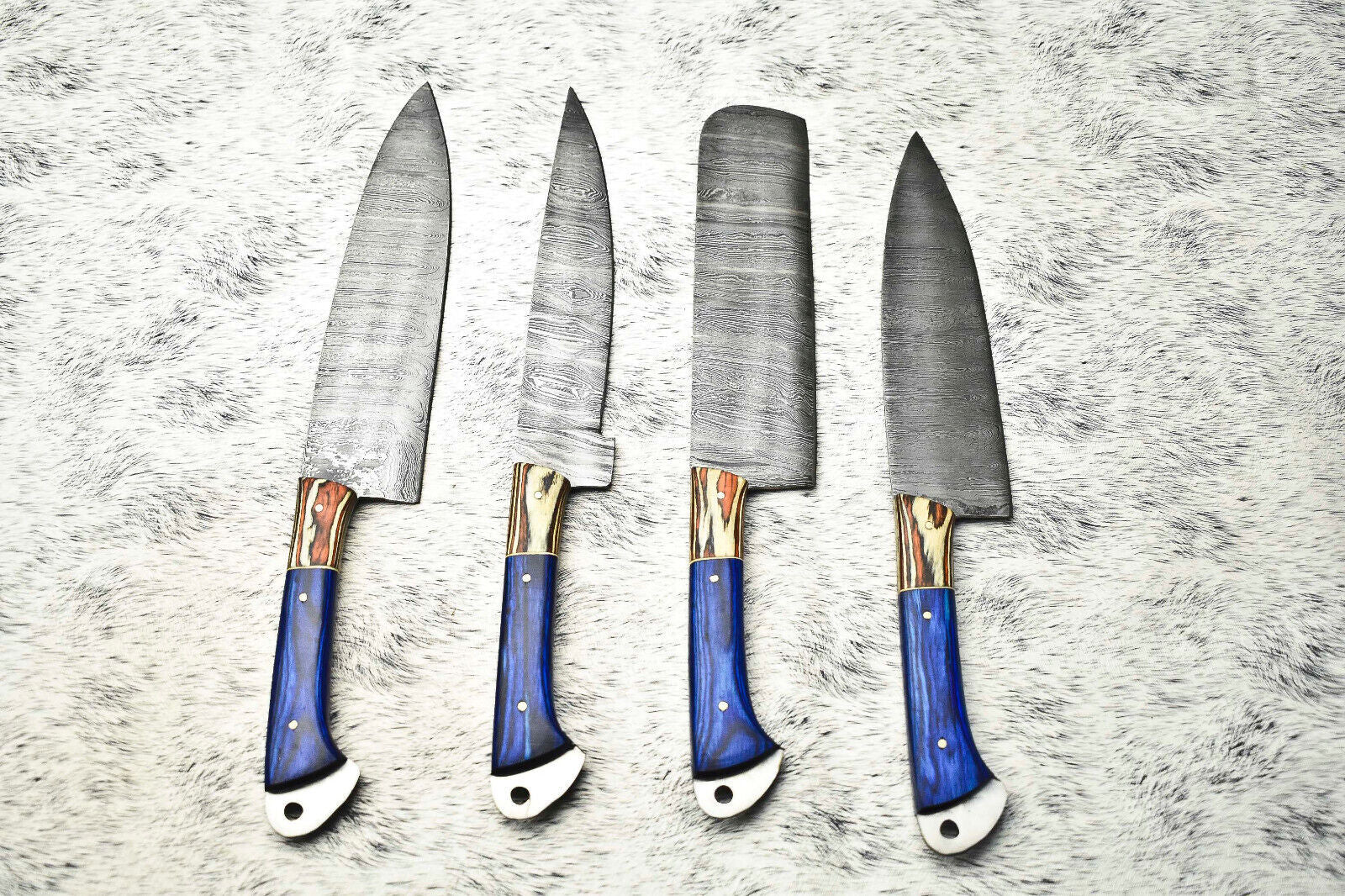 Lot Of 4 Handmade Damascus Hammered Full Tang Chef Set Knife | Hard Wood
