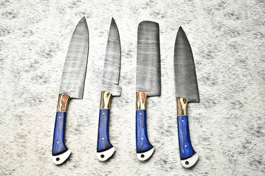 Lot Of 4 Handmade Damascus Hammered Full Tang Chef Set Knife | Hard Wood