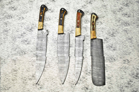 Lot Of 4 Handmade Damascus Hammered Full Tang Chef Set Knife | Hard Wood