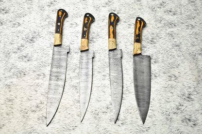 Lot Of 4 Handmade Damascus Hammered Full Tang Chef Set Knives | Hard Wood Handle