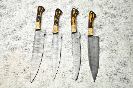Lot Of 4 Handmade Damascus Hammered Full Tang Chef Set Knives | Hard Wood Handle