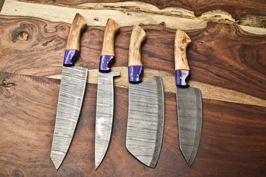 Lot Of 4 Handmade Damascus Steel Full Tang Chef Knife Set – Custom Kitchen Knives