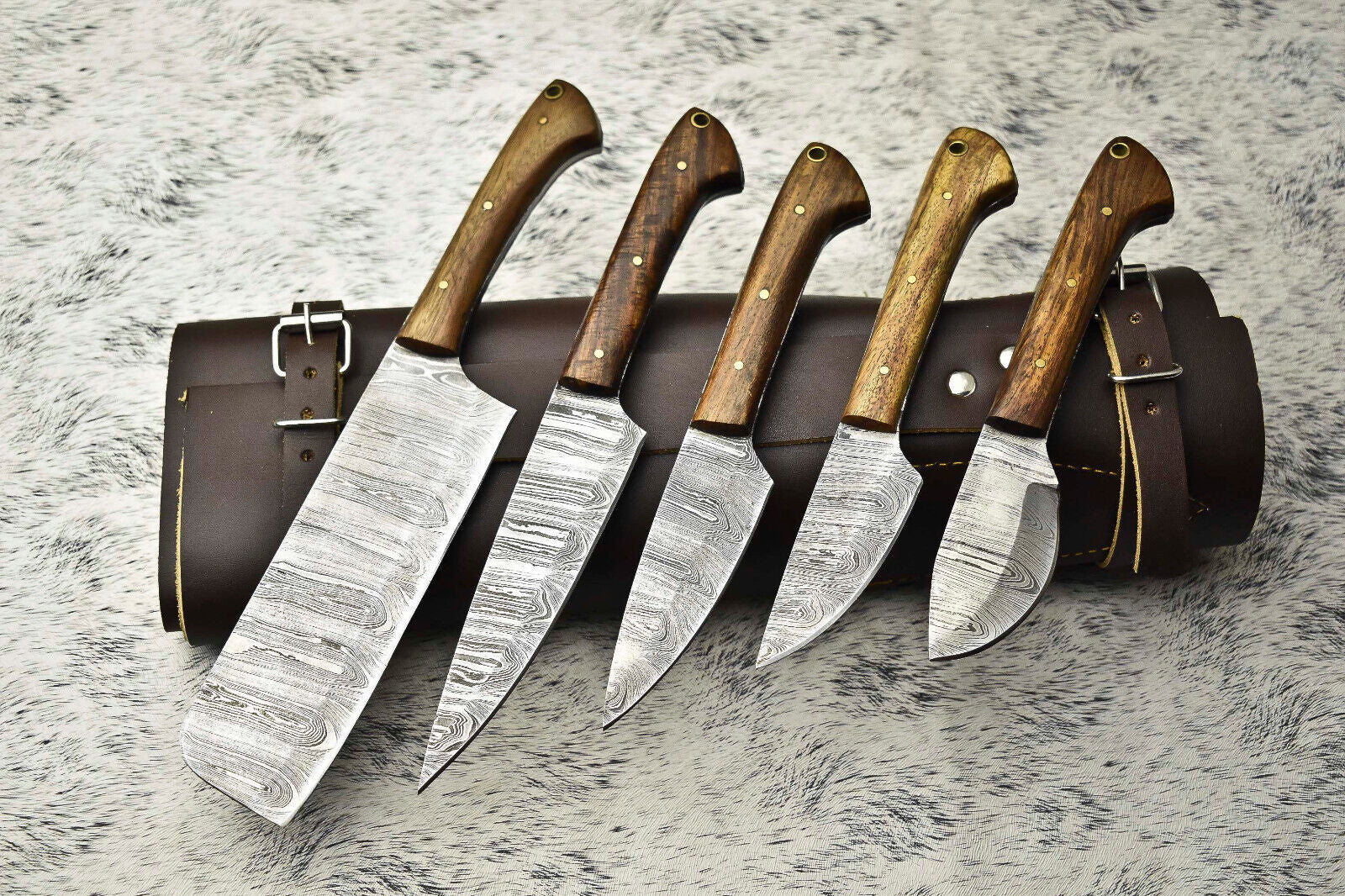 Lot Of 5 Handmade Damascus Blade Chef Set Knife | Leather Bag