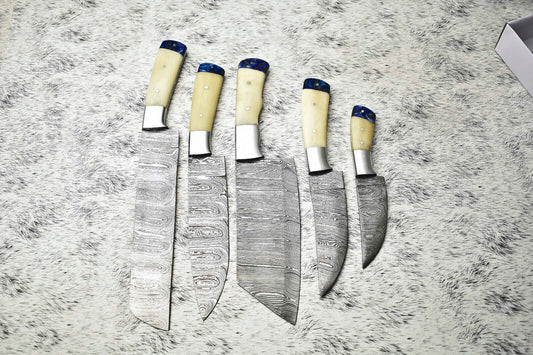 Lot Of 5 Handmade Damascus Blade Full Tang Chef Set Knife | Camel Bone