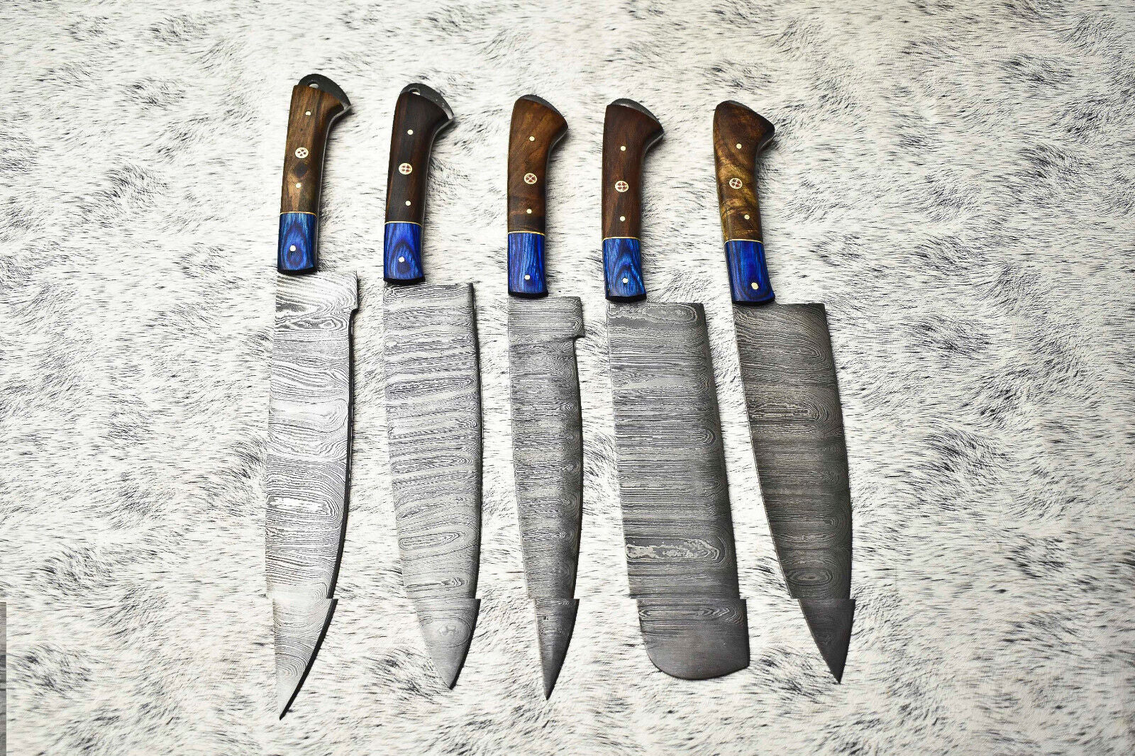 Lot Of 5 Handmade Damascus Hammered Full Tang Chef Set Knife