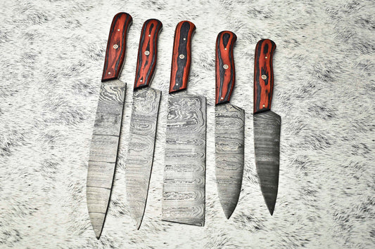 Lot Of 5 Handmade Damascus Hammered Full Tang Chef Set Knife | Hard Wood