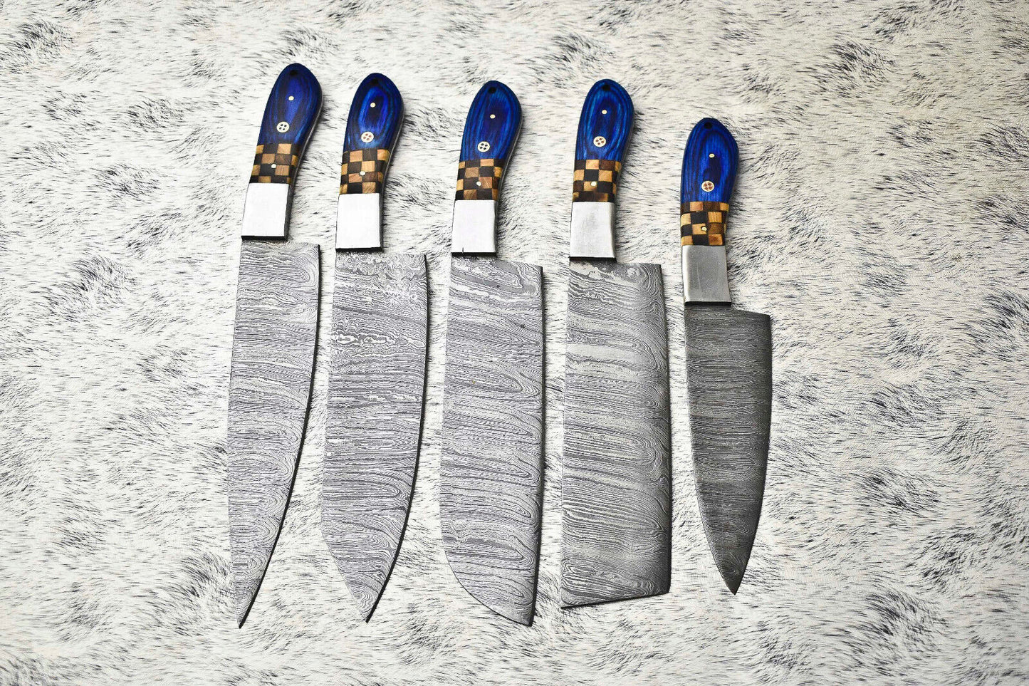 Lot Of 5 Handmade Damascus Hammered Full Tang Chef Set Knives with Hard Wood Handles