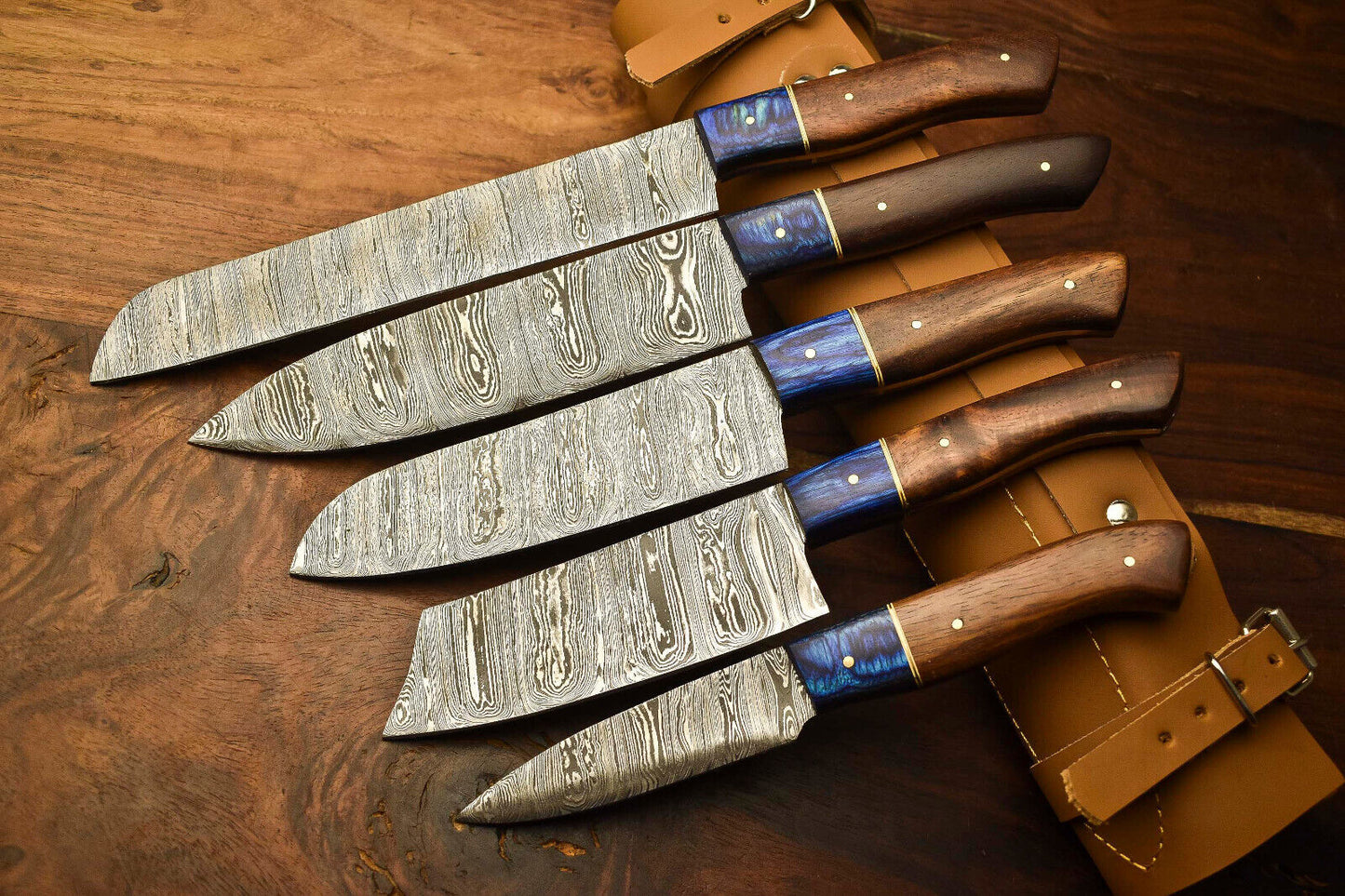 Lot Of 5 Handmade Damascus Steel Blade Chef Knife Set – 100% Forged, Hammered Kitchen Knives