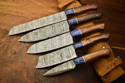 Lot Of 5 Handmade Damascus Steel Blade Chef Knife Set – 100% Forged, Hammered Kitchen Knives