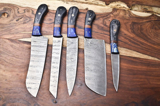 Lot Of 5 Handmade Damascus Steel Blade Chef Set Knive