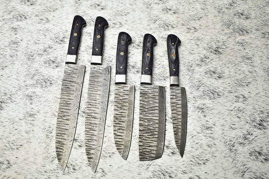 Lot Of 5 Handmade Damascus Steel Blade Hammered Chef Knife Set – Professional Kitchen Knives