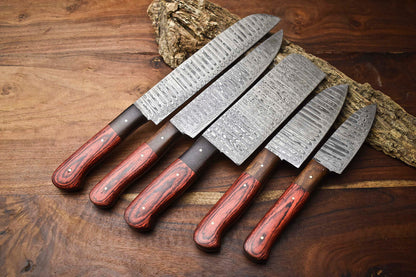  Lot Of 5 Handmade Hammered Damascus Steel Blade Chef Set Knife