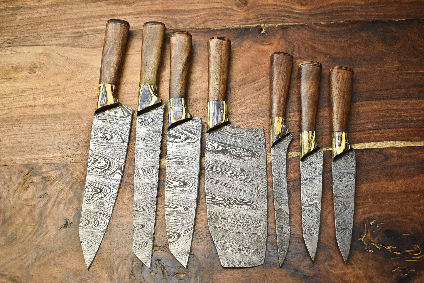 Lot Of 7 Handmade Damascus Steel Blade Chef Set Knife