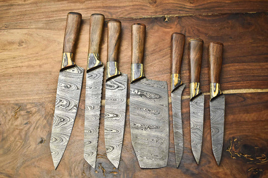 Lot Of 7 Handmade Damascus Steel Blade Chef Set Knife