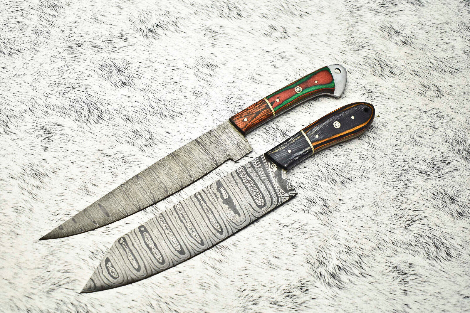 Lot of 2 Custom Handmade Damascus Steel Chef Knives – Full Tang Kitchen Blades