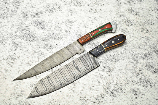 Lot of 2 Custom Handmade Damascus Steel Chef Knives – Full Tang Kitchen Blades