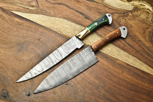 Lot of 2 Custom Handmade Damascus Steel Chef Knives | Full Tang Kitchen Knife Set