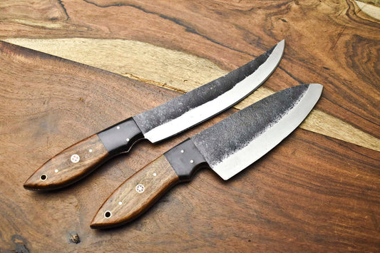 Lot of 2 Handmade Carbon Steel Blade Full Tang Chef Knives – Professional Kitchen Knives