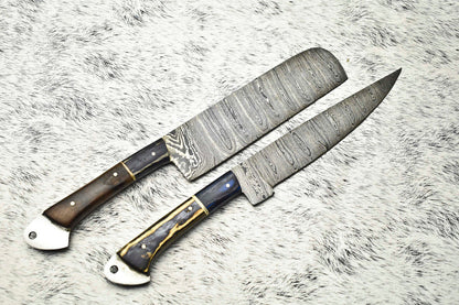 Lot of 2 Handmade Damascus Blade Full Tang Chef Set Knive