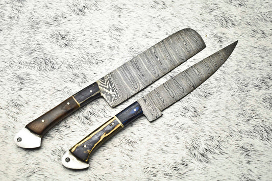 Lot of 2 Handmade Damascus Blade Full Tang Chef Set Knive
