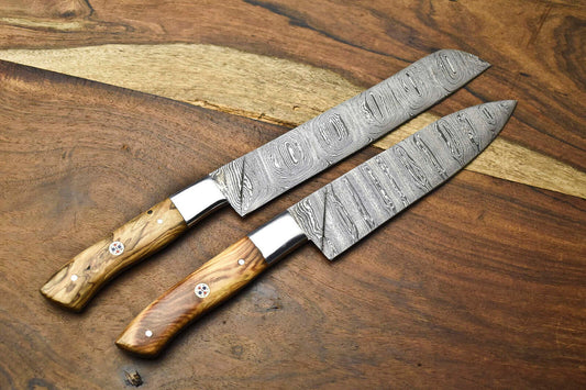 Lot of 2 Handmade Damascus Blade Full Tang Chef Set Knives
