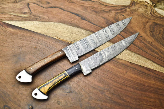 Lot of 2 Handmade Damascus Blade Full Tang Chef Set Knives – 100% Handmade