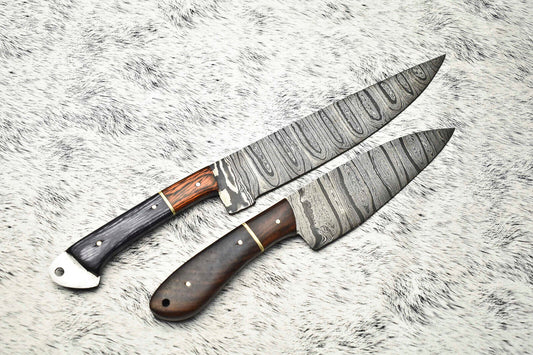 Lot of 2 Handmade Damascus Blade Full Tang Chef Set Knives – Unique Handmade Kitchen Knives