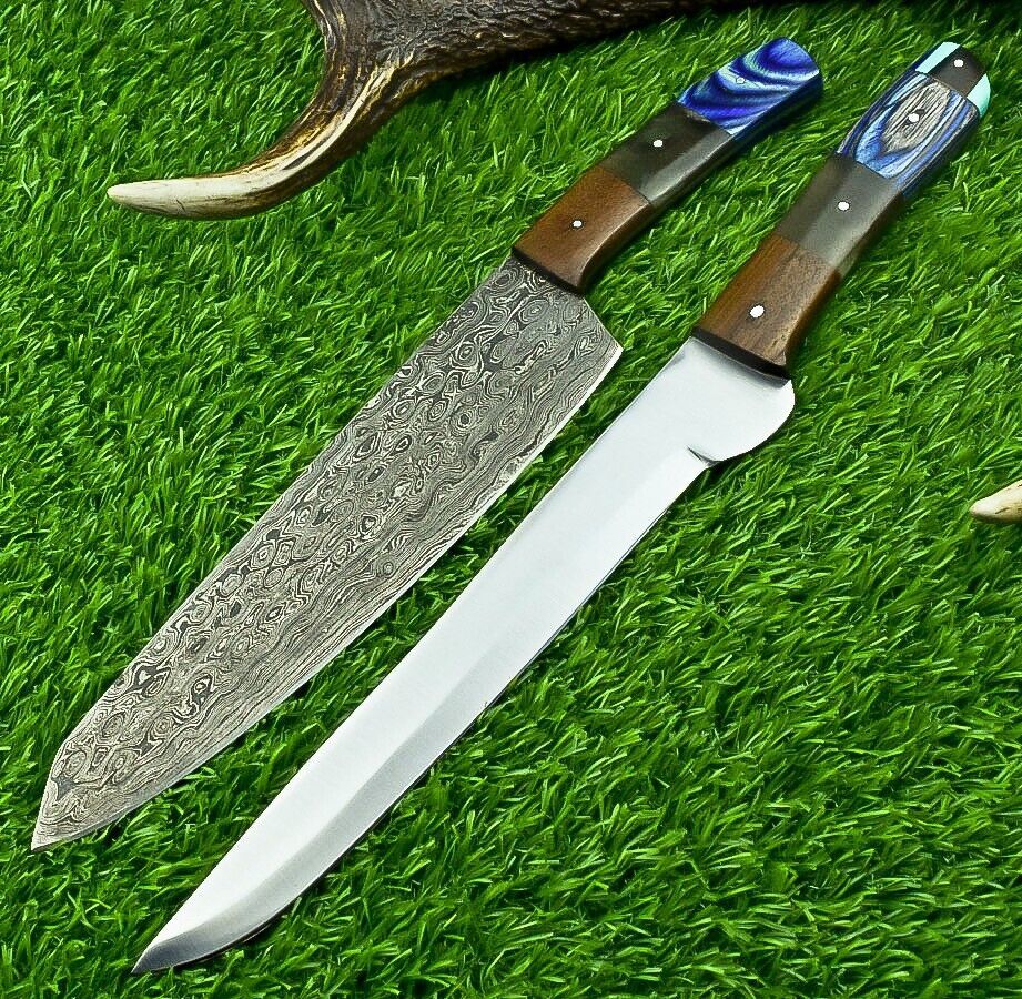 Lot of 2 Handmade Damascus & D2 Steel Chef Knives | Forged Kitchen Knife Set