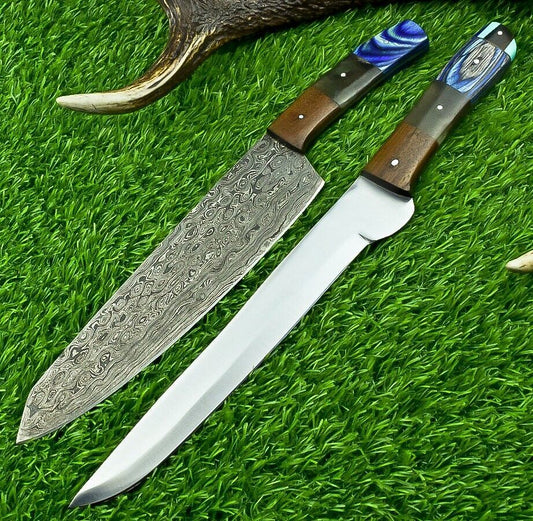 Lot of 2 Handmade Damascus & D2 Steel Chef Knives | Forged Kitchen Knife Set