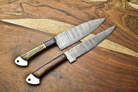 Lot of 2 Handmade Damascus Steel Blade Chef Knife Set – Custom Kitchen Knives