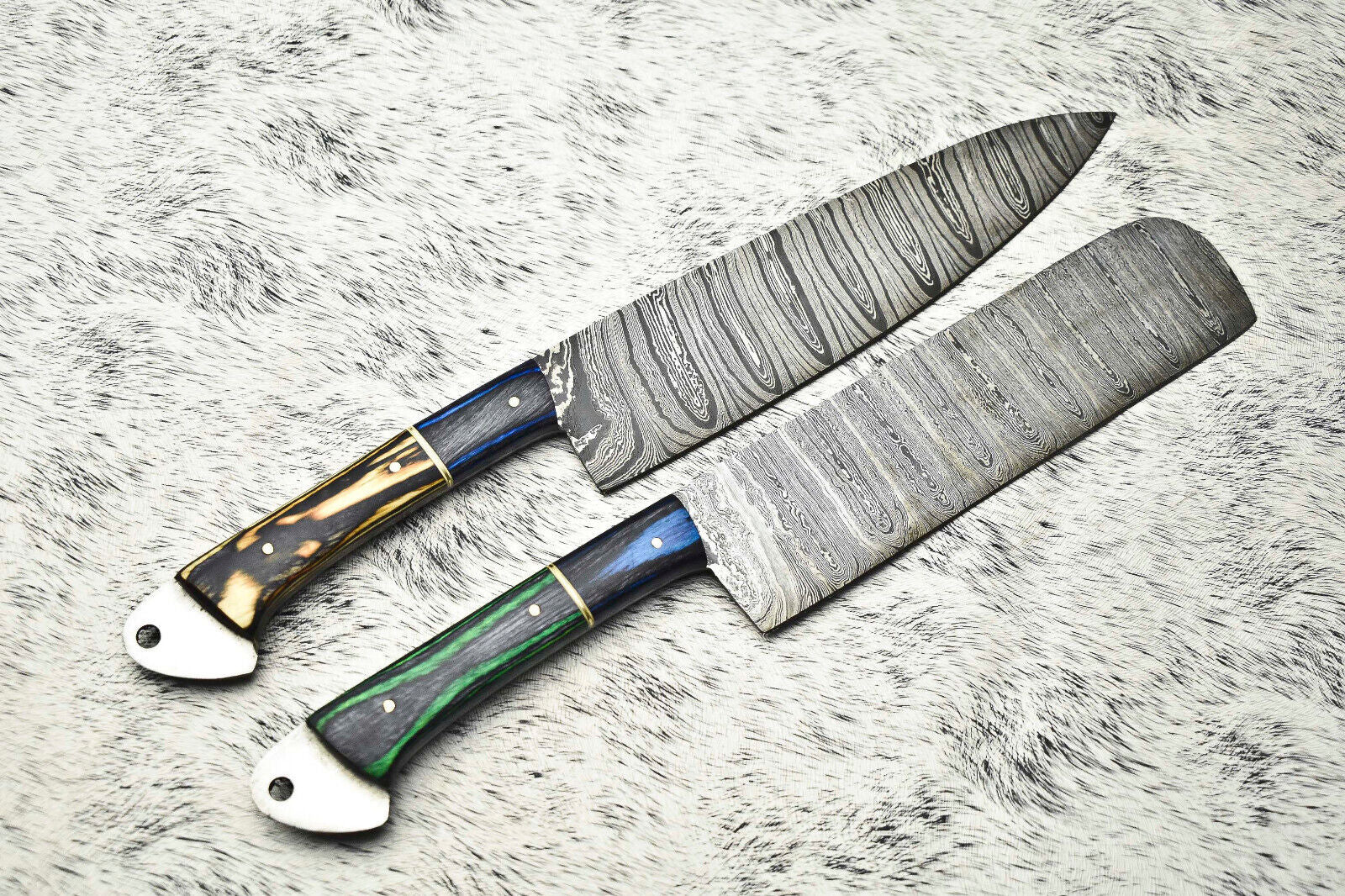 Lot of 2 Handmade Damascus Steel Blade Chef Knives 