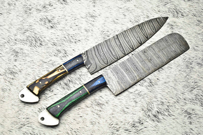 Lot of 2 Handmade Damascus Steel Blade Chef Knives 