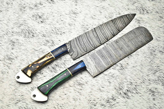 Lot of 2 Handmade Damascus Steel Blade Chef Knives 
