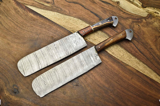Lot of 2 Handmade Damascus Steel Blade Chef Knives – Full Tang
