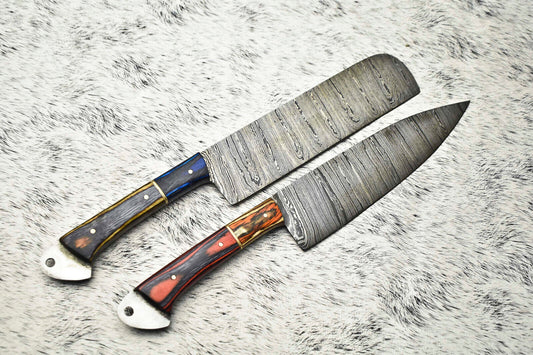 Lot of 2 Handmade Damascus Steel Blade Chef Knives – Full Tang Kitchen Set