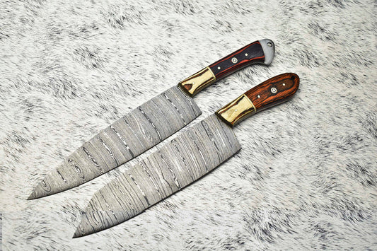 Lot of 2 Handmade Damascus Steel Blade Chef Knives – Professional Full Tang Kitchen Knife Set