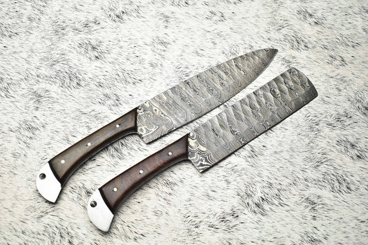 Lot of 2 Handmade Damascus Steel Blade Chef Set Knife, Full Tang, 100% Handmade